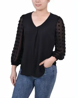 Petite V Neck Blouse With 3/4 Jacquard Chiffon Sleeves