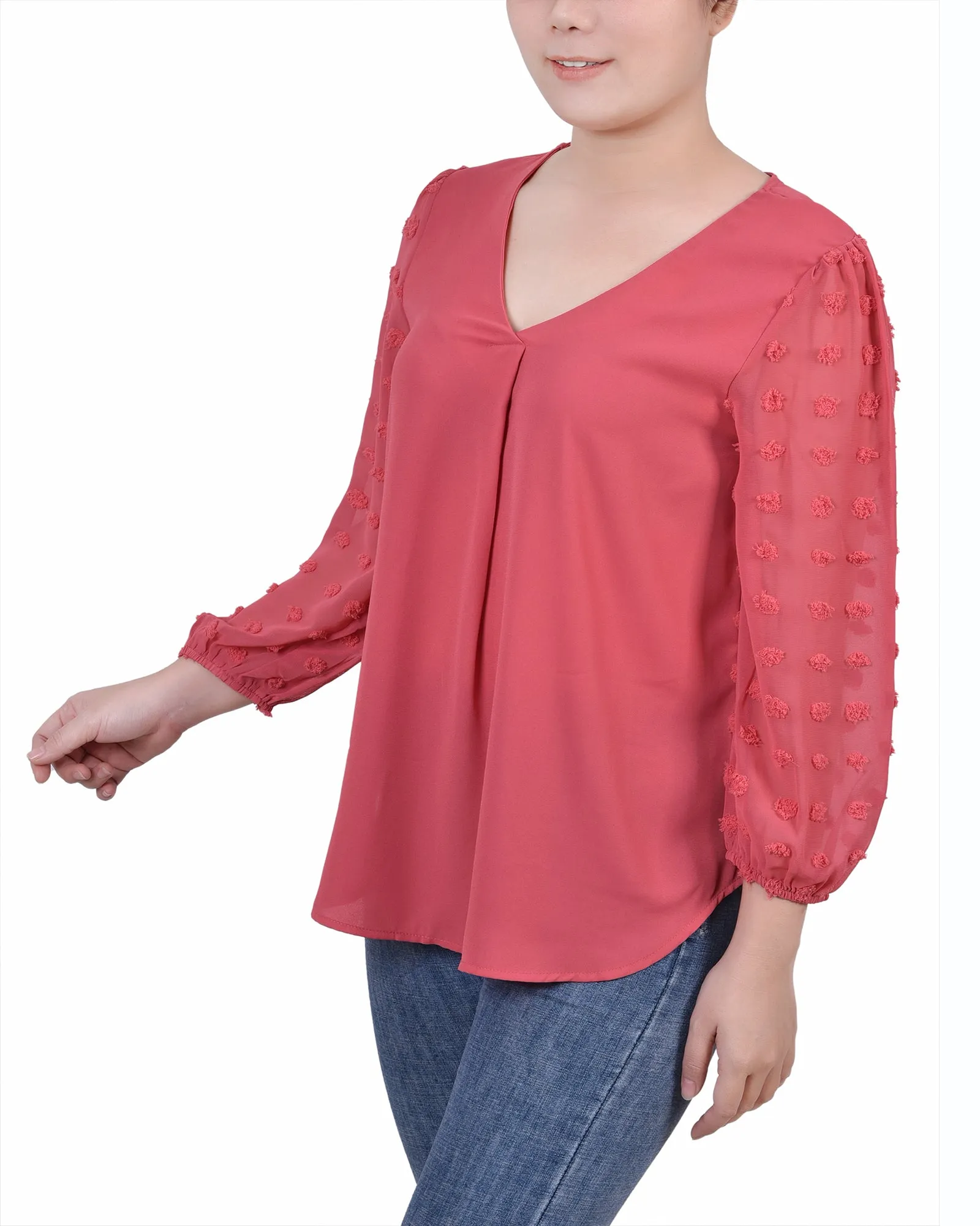 Petite V Neck Blouse With 3/4 Jacquard Chiffon Sleeves