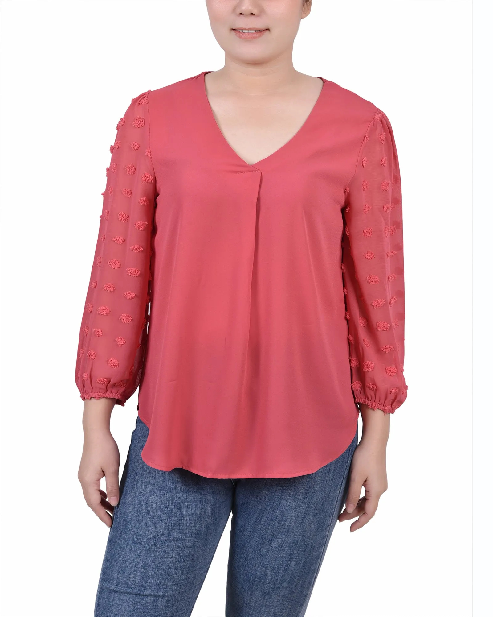 Petite V Neck Blouse With 3/4 Jacquard Chiffon Sleeves