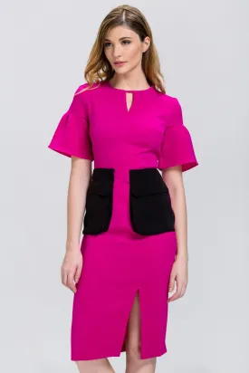 Pink Bell Sleeve Black Flap Pocket Midi Dress