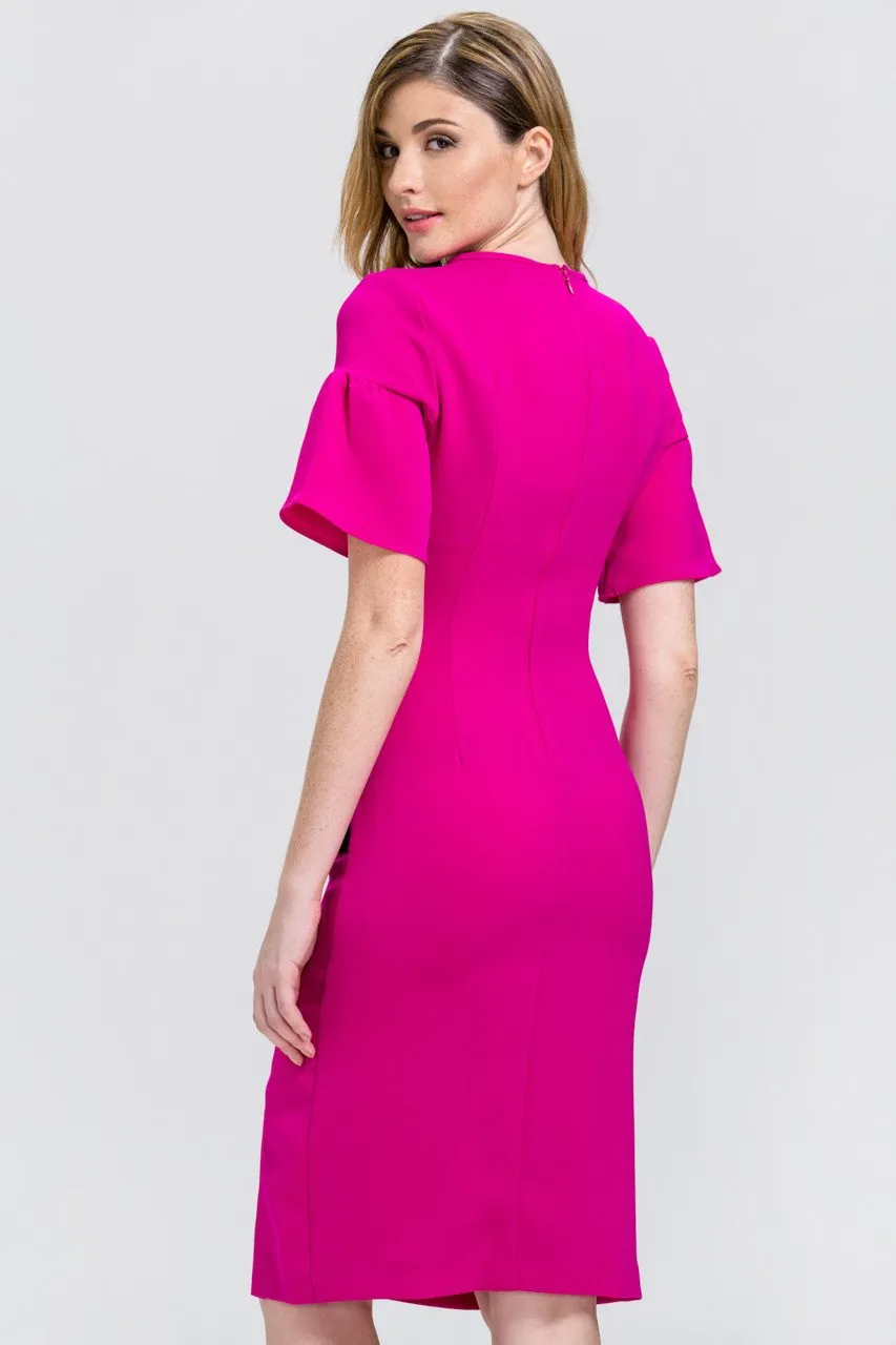 Pink Bell Sleeve Black Flap Pocket Midi Dress