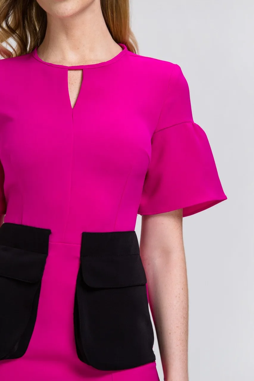Pink Bell Sleeve Black Flap Pocket Midi Dress