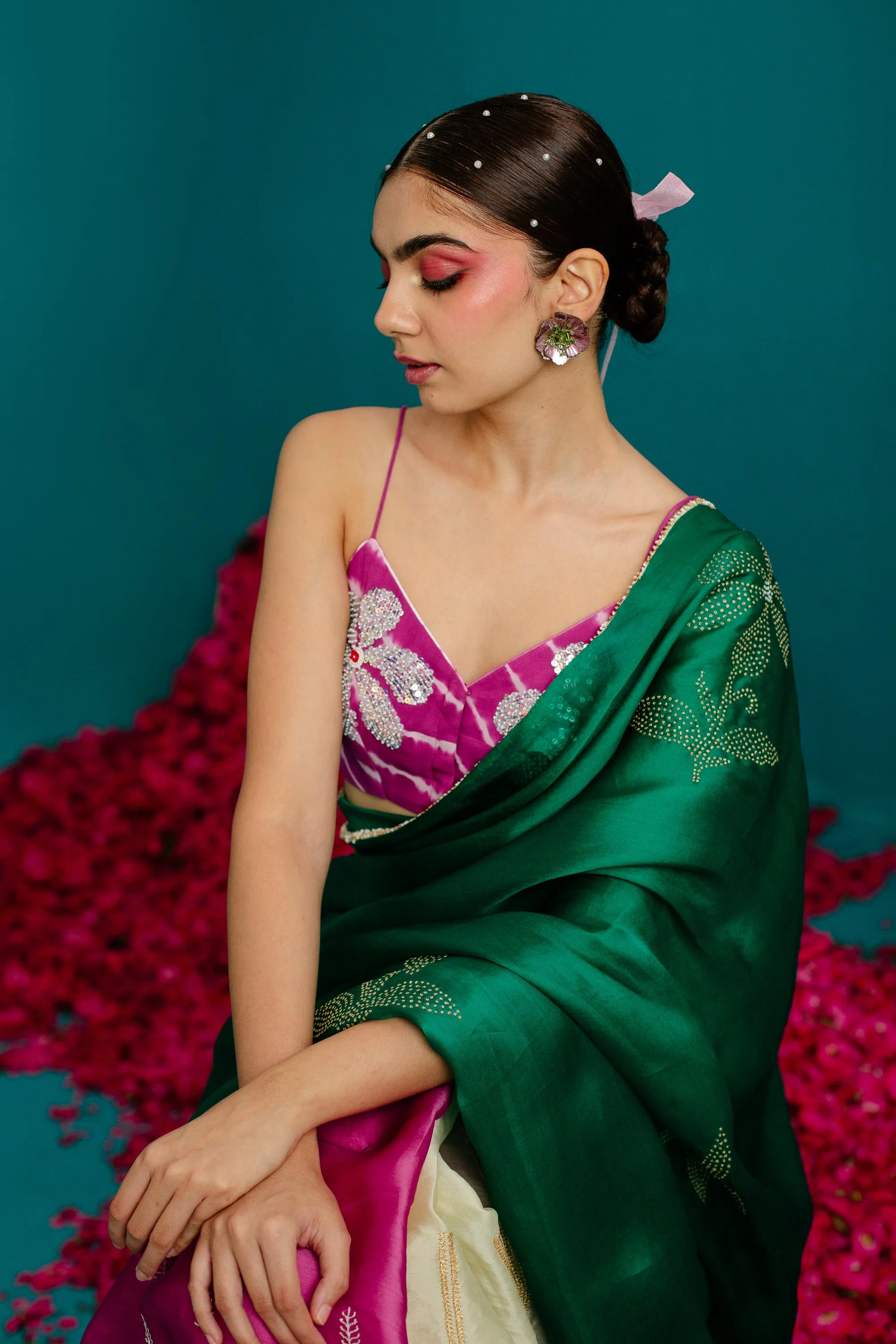Pink , Green & Cream 3Color Saree