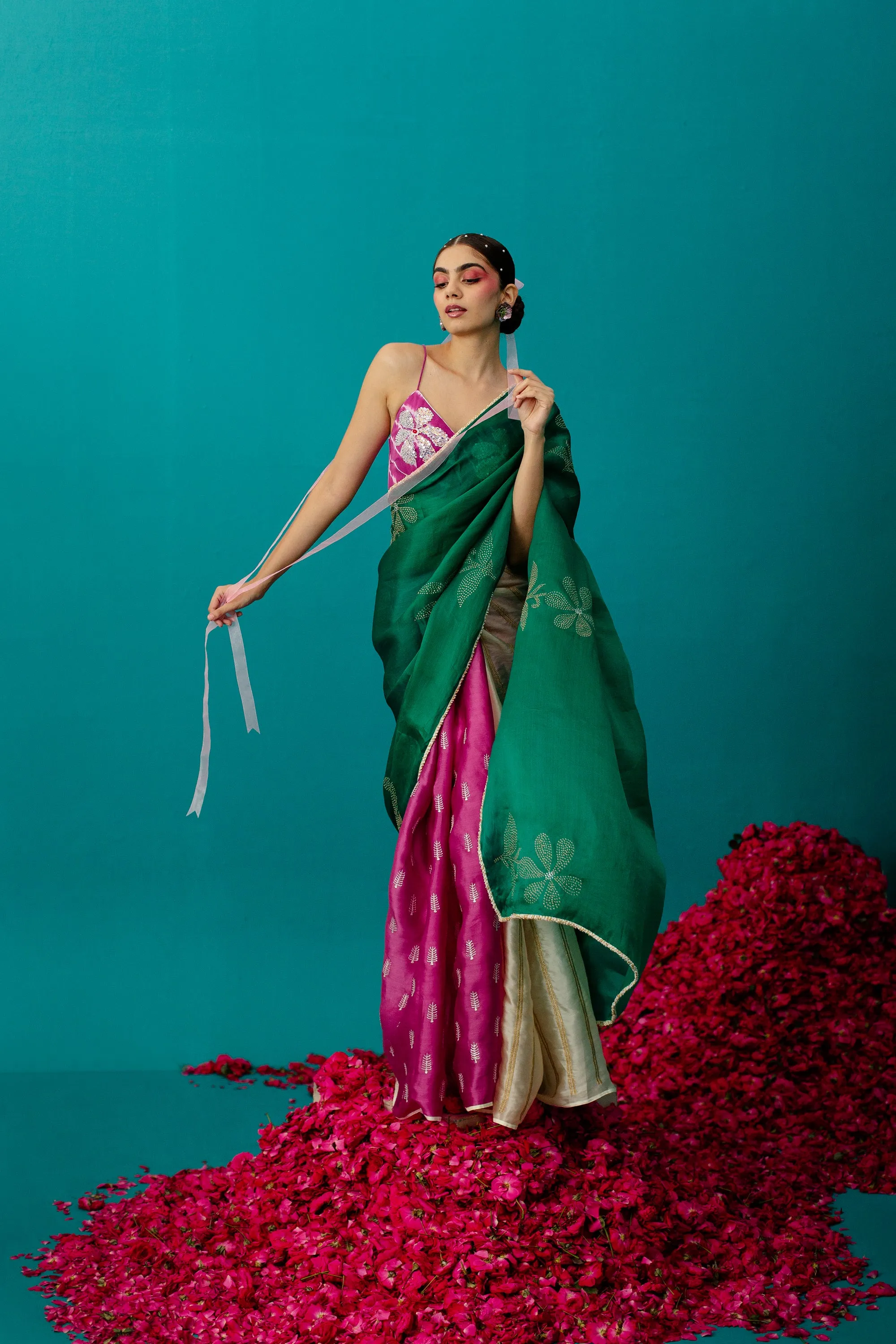 Pink , Green & Cream 3Color Saree