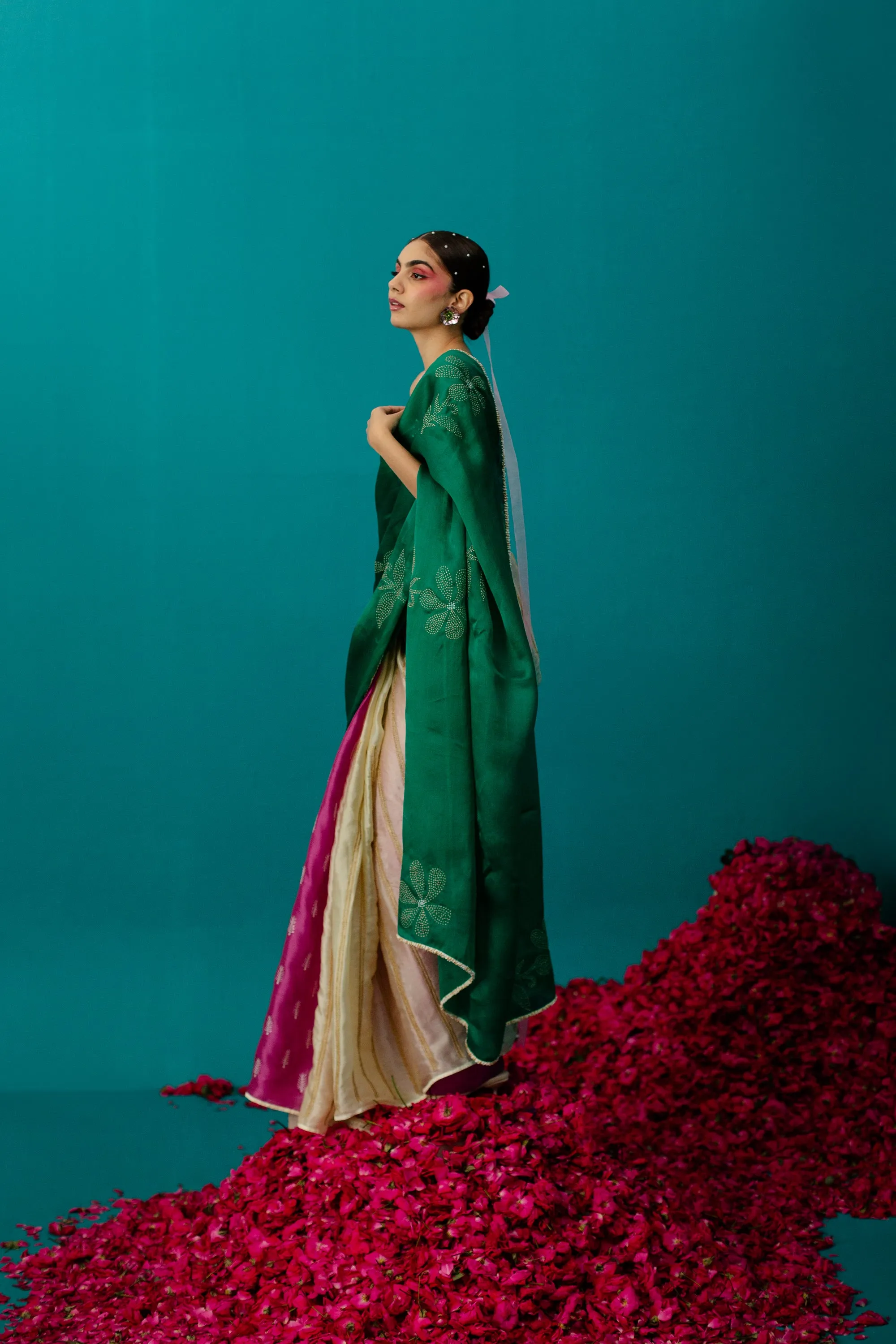 Pink , Green & Cream 3Color Saree