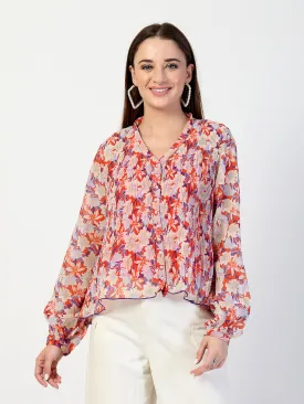 Printed Bishop Sleeves Chiffon Pleated Top
