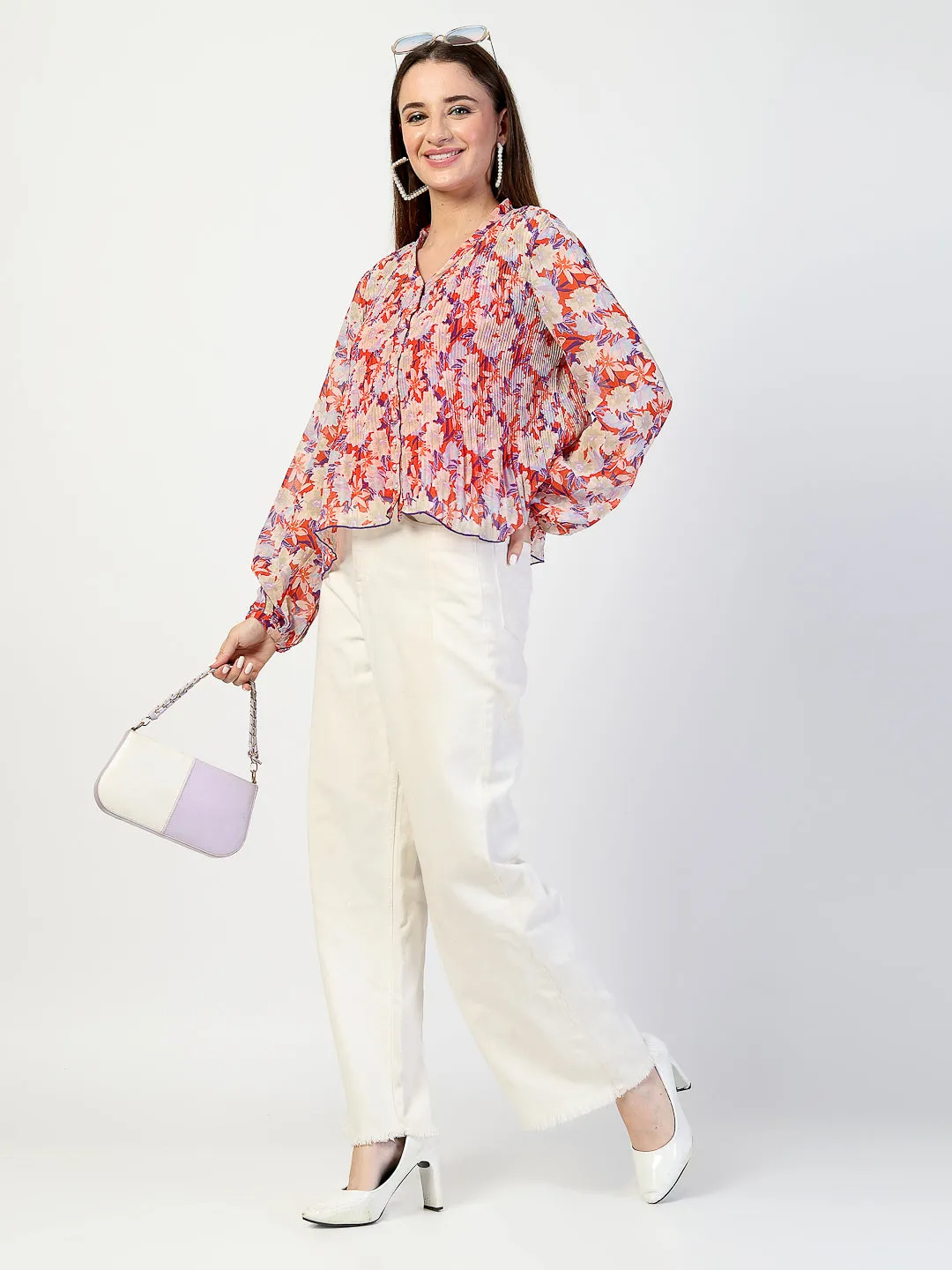 Printed Bishop Sleeves Chiffon Pleated Top