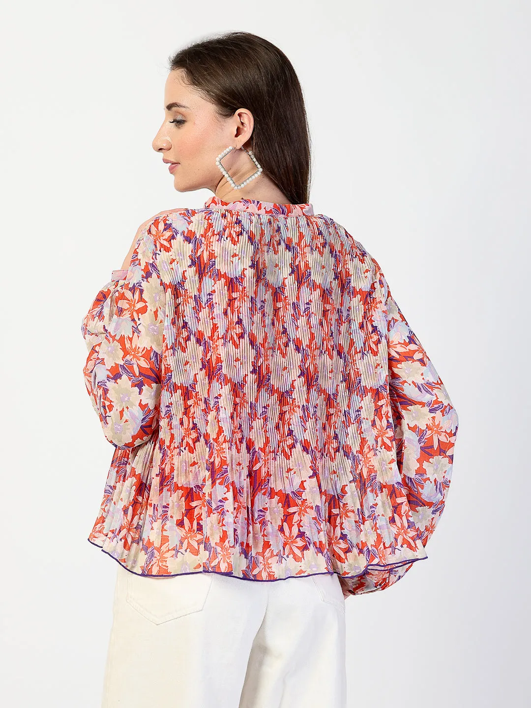 Printed Bishop Sleeves Chiffon Pleated Top
