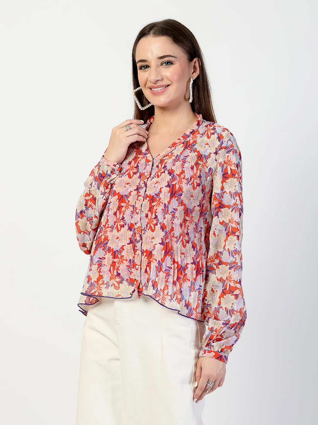 Printed Bishop Sleeves Chiffon Pleated Top