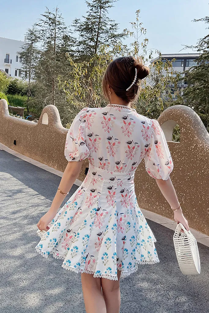 Puff Sleeve Deep V-neck A-line Dress