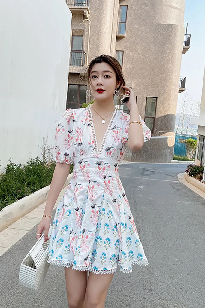 Puff Sleeve Deep V-neck A-line Dress