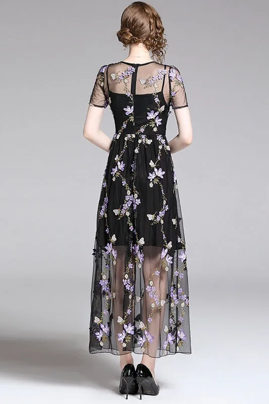 Purple Flower Embroidered Dress