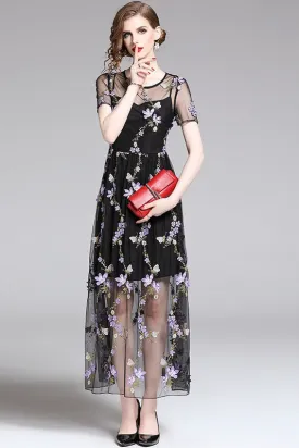 Purple Flower Embroidered Dress