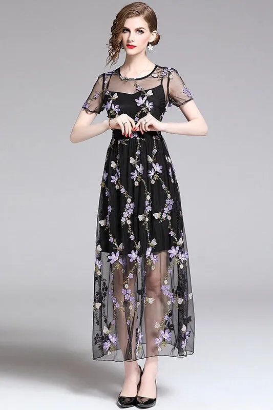Purple Flower Embroidered Dress