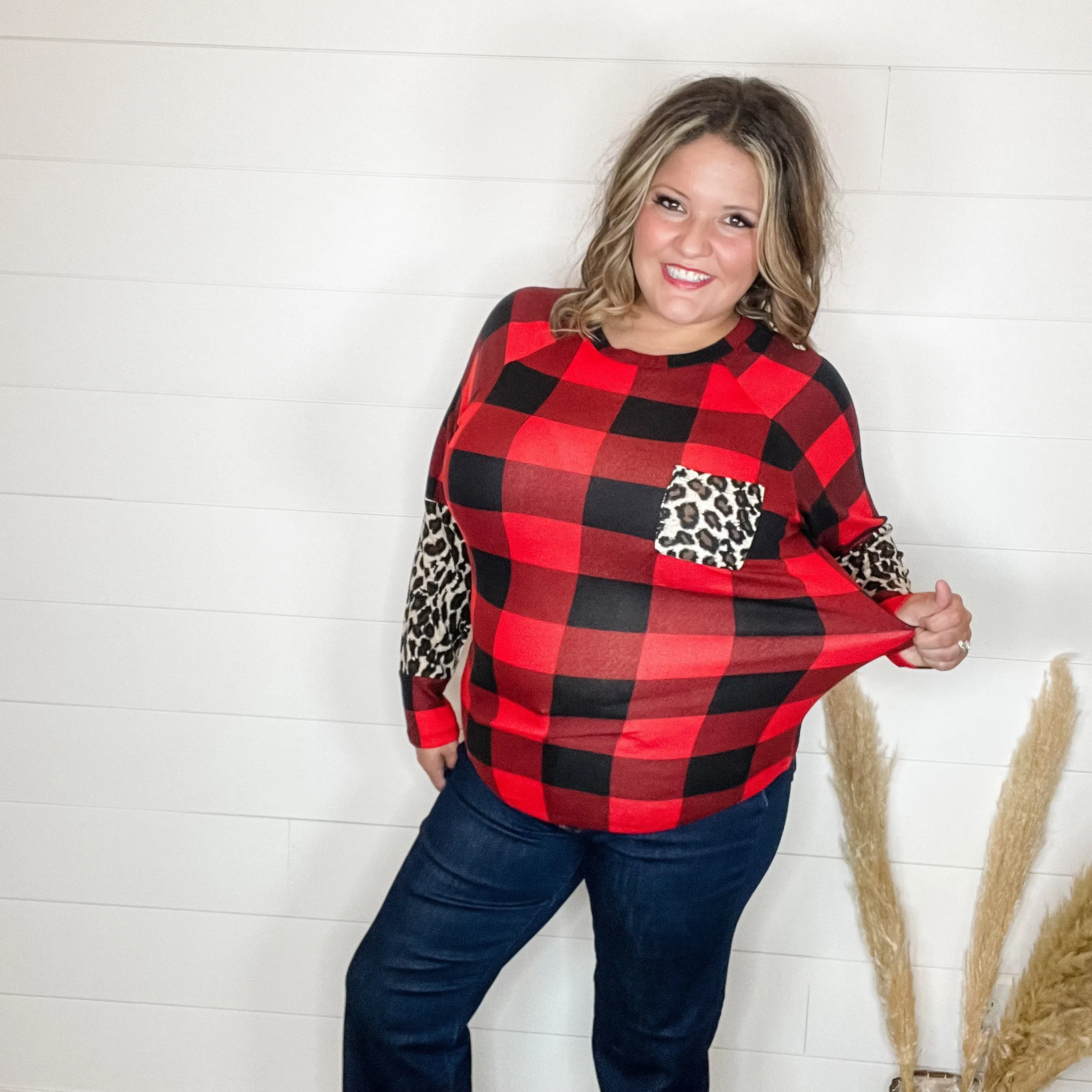 "Bianca" Long Sleeve Buffalo Plaid with Animal Accent Pocket and Sleeve