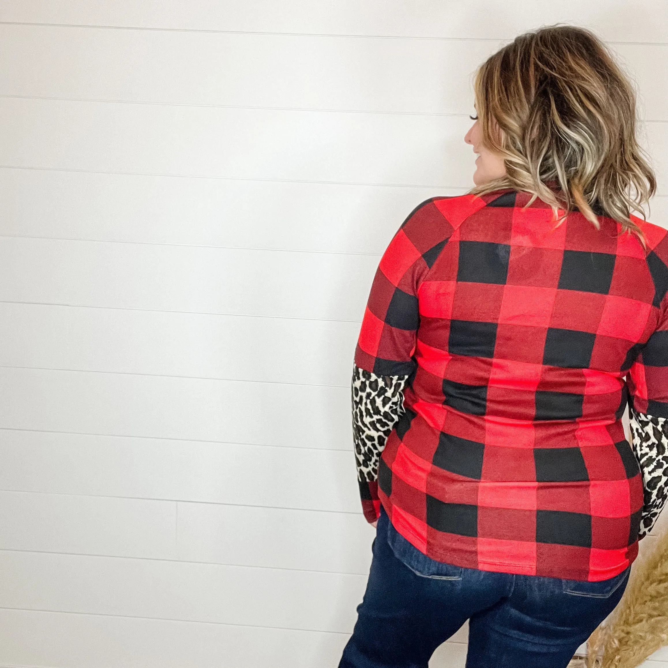 "Bianca" Long Sleeve Buffalo Plaid with Animal Accent Pocket and Sleeve