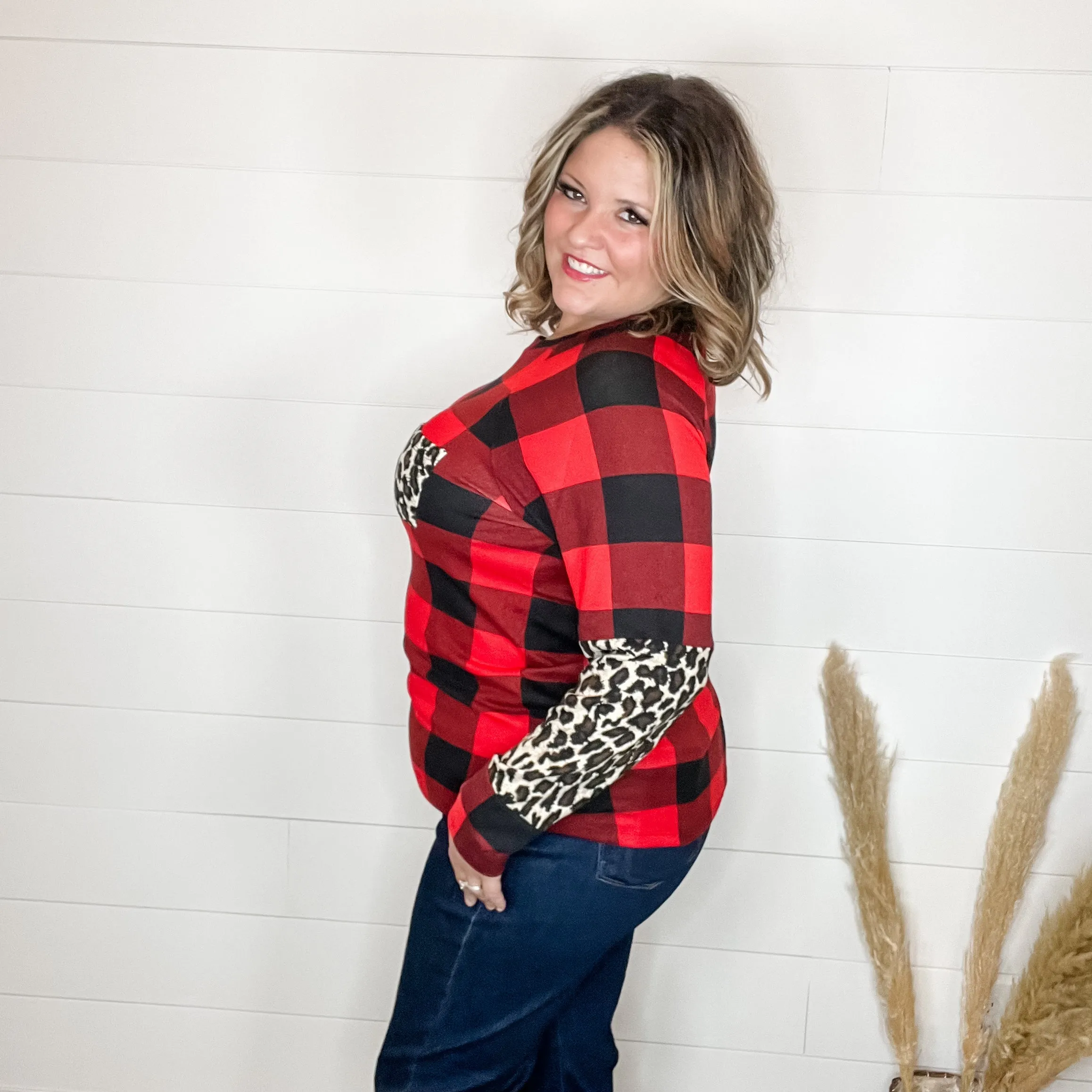 "Bianca" Long Sleeve Buffalo Plaid with Animal Accent Pocket and Sleeve
