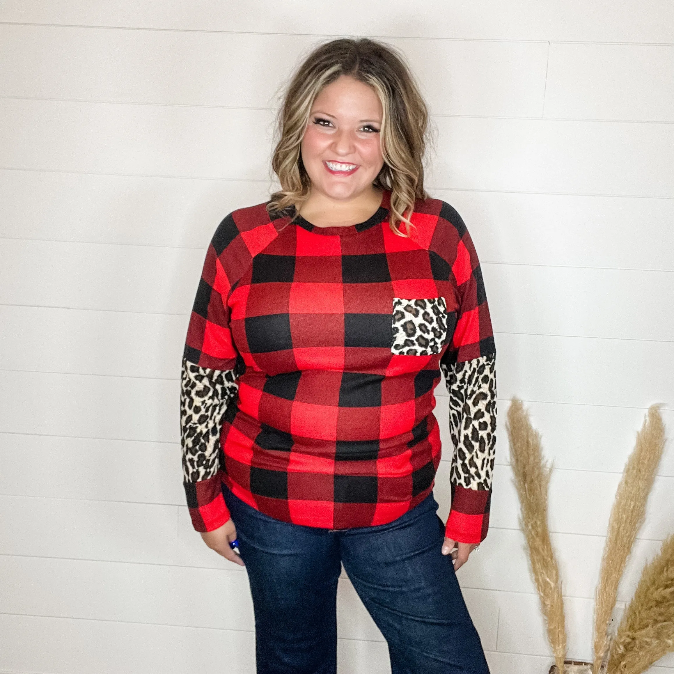 "Bianca" Long Sleeve Buffalo Plaid with Animal Accent Pocket and Sleeve