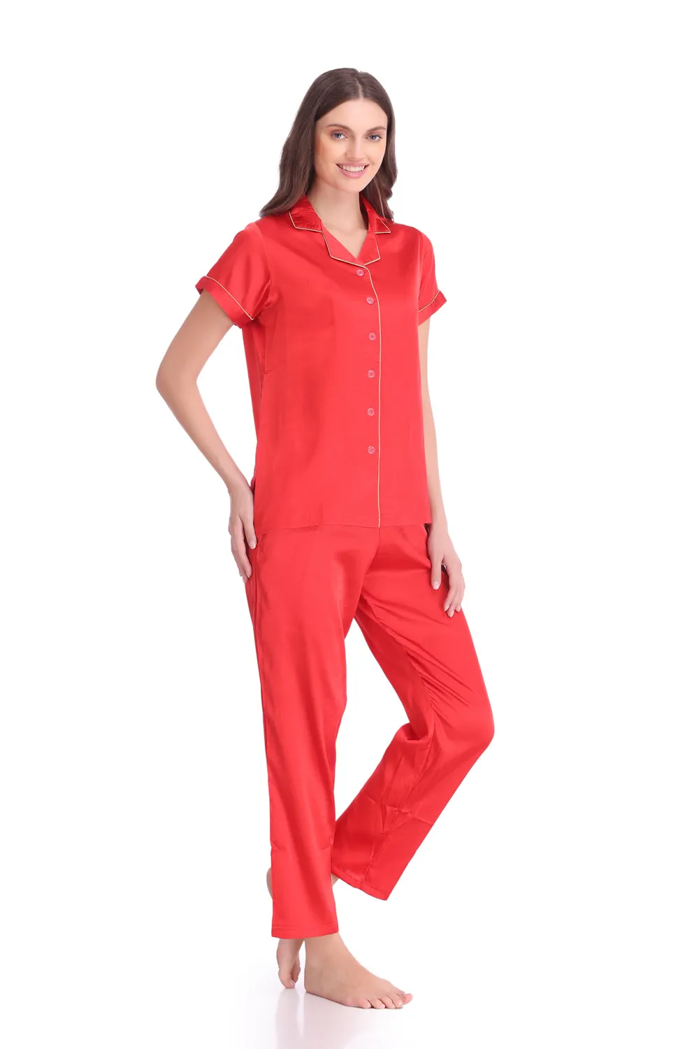 Red satin Classic collar Night suit