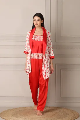 Red Satin Night suit with Printed Robe