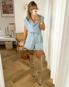 ROCKY - Denim Shoulder Playsuit in Blue