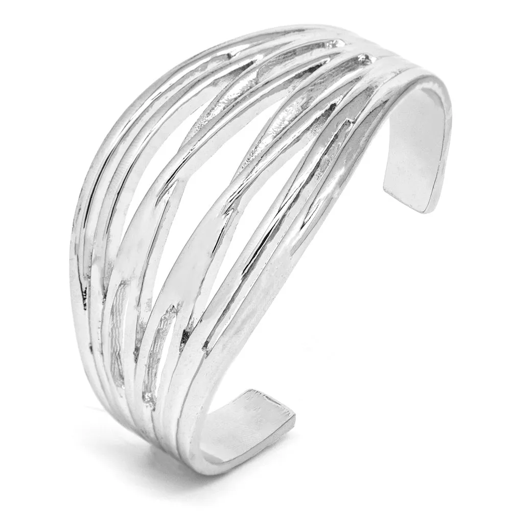Silver Tone Multi-Cross Strand Cuff Bangle