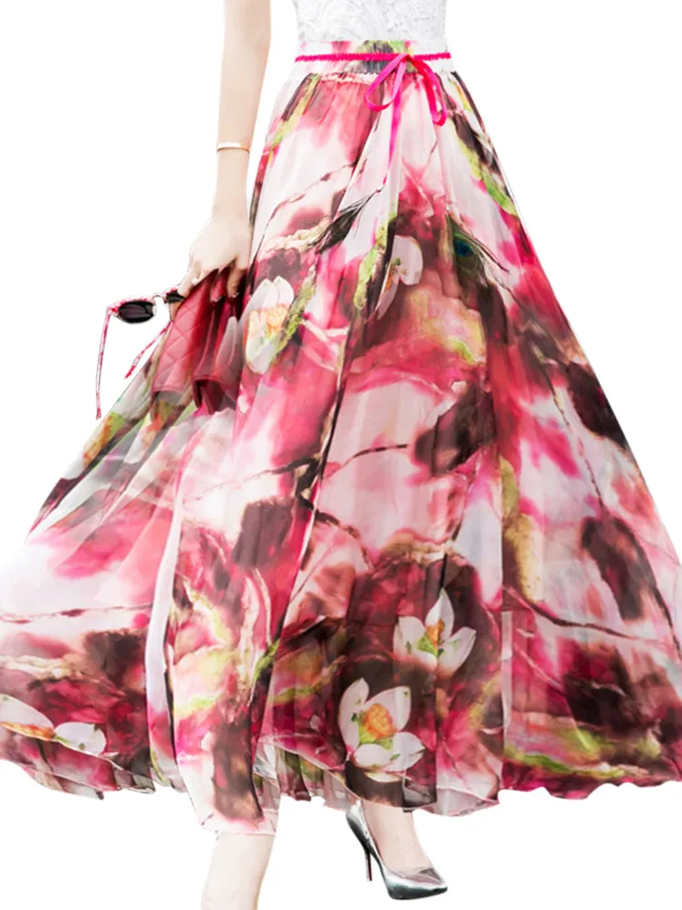 Summer Bohemian Floral Printed Beach Chiffon Maxi Skirts