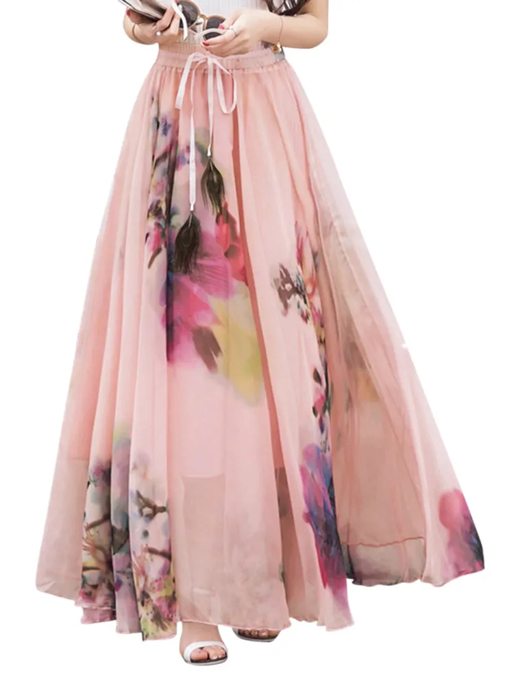 Summer Bohemian Floral Printed Beach Chiffon Maxi Skirts