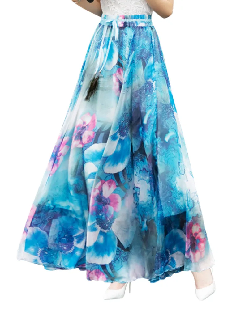 Summer Bohemian Floral Printed Beach Chiffon Maxi Skirts
