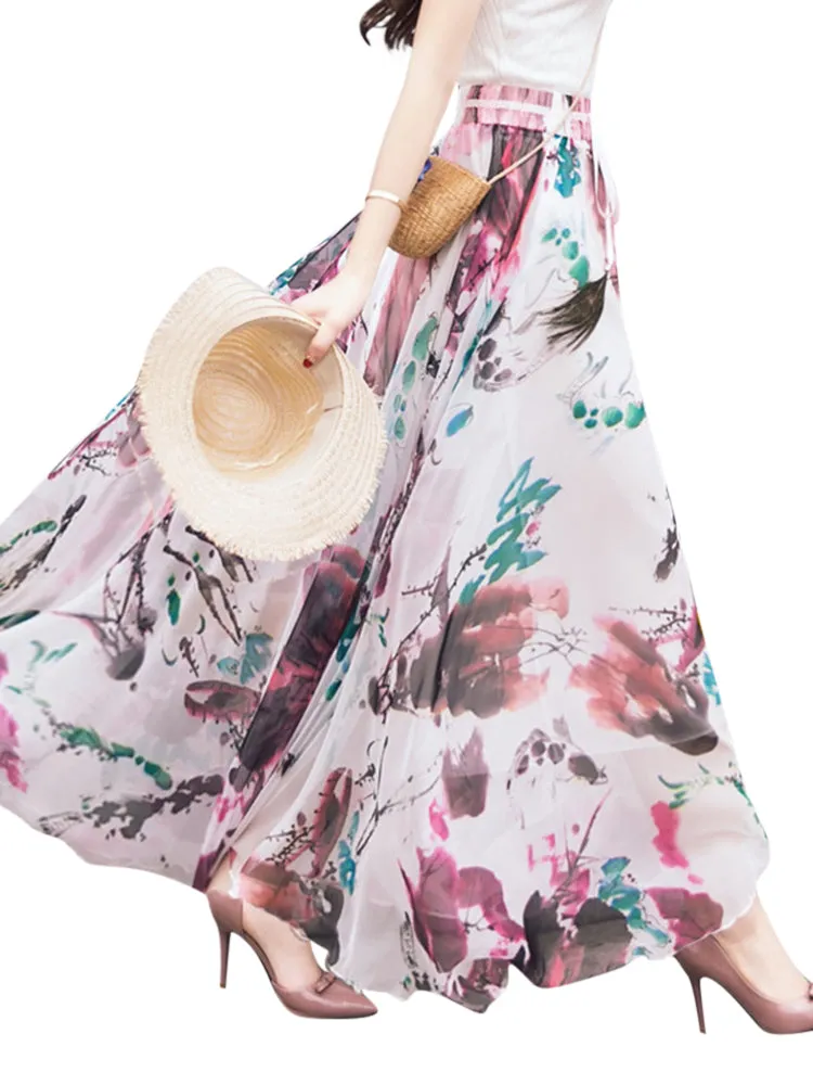 Summer Bohemian Floral Printed Beach Chiffon Maxi Skirts
