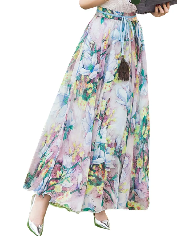 Summer Bohemian Floral Printed Beach Chiffon Maxi Skirts