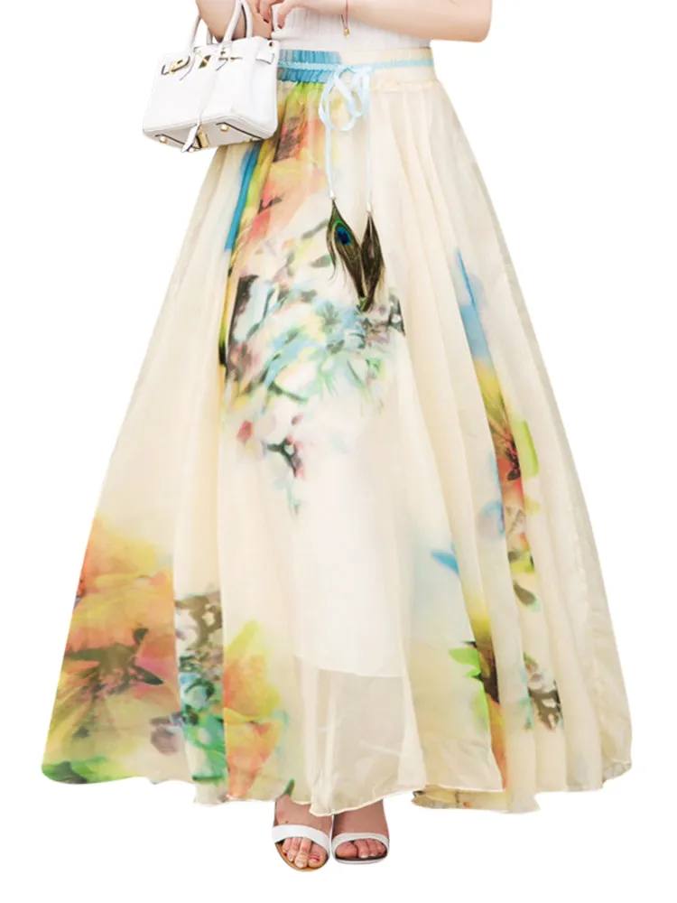 Summer Bohemian Floral Printed Beach Chiffon Maxi Skirts
