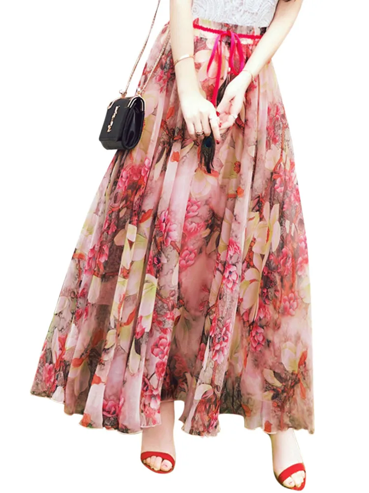 Summer Bohemian Floral Printed Beach Chiffon Maxi Skirts