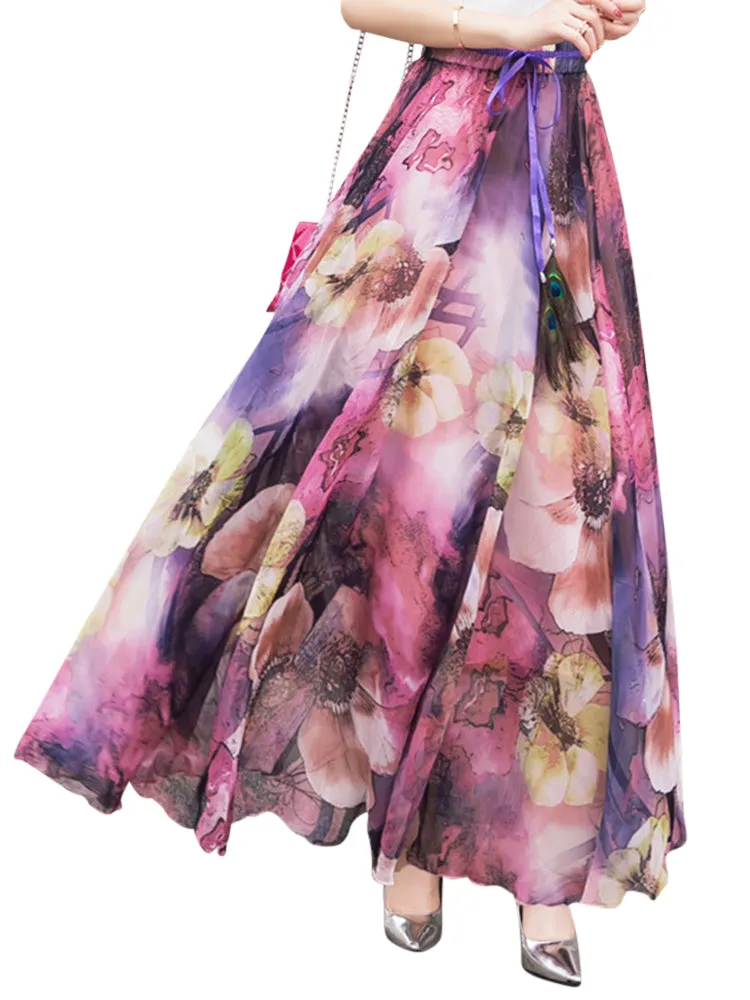 Summer Bohemian Floral Printed Beach Chiffon Maxi Skirts