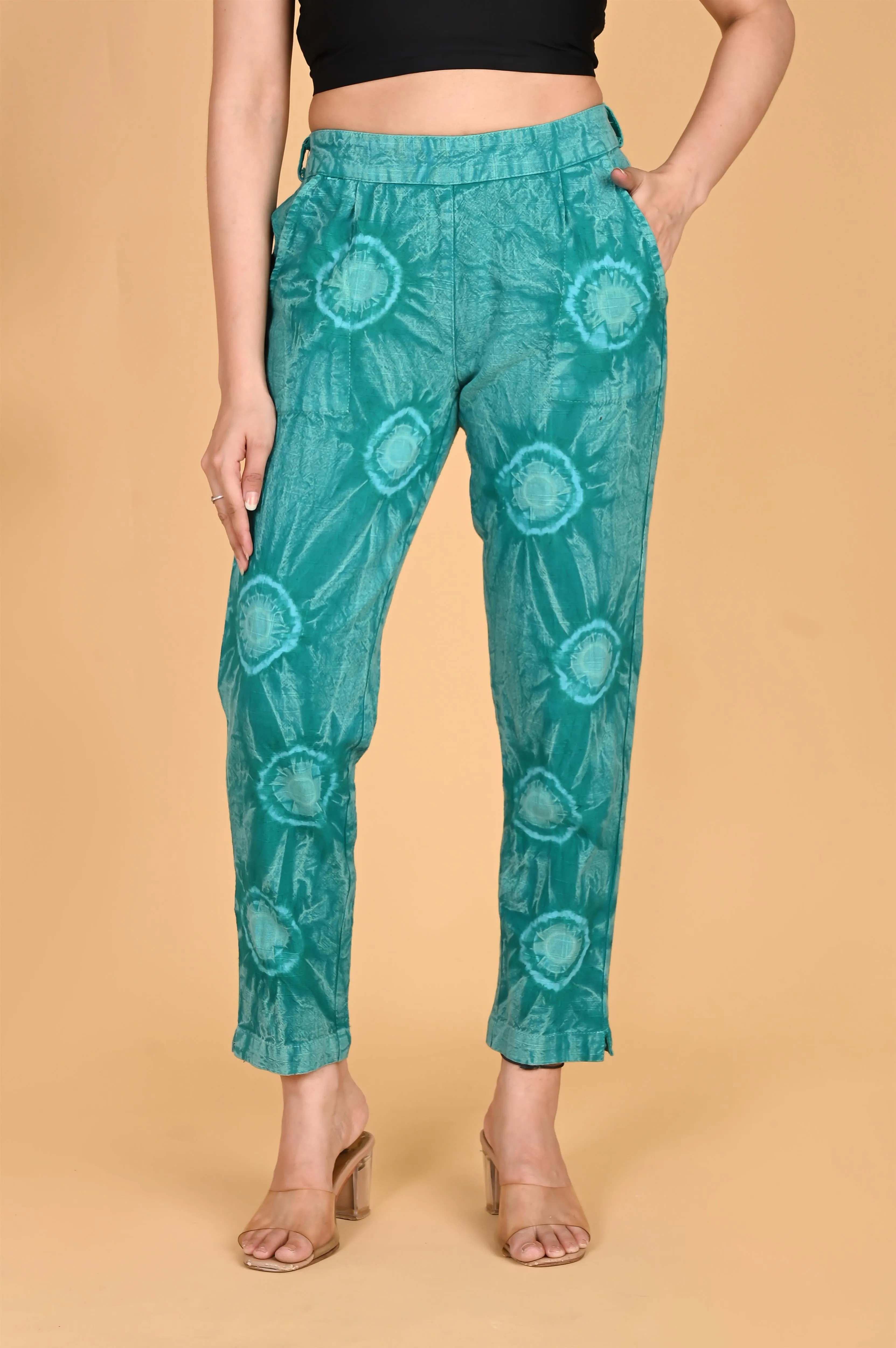 TURQUOISE BLUE BANDHEJ COTTON PANTS