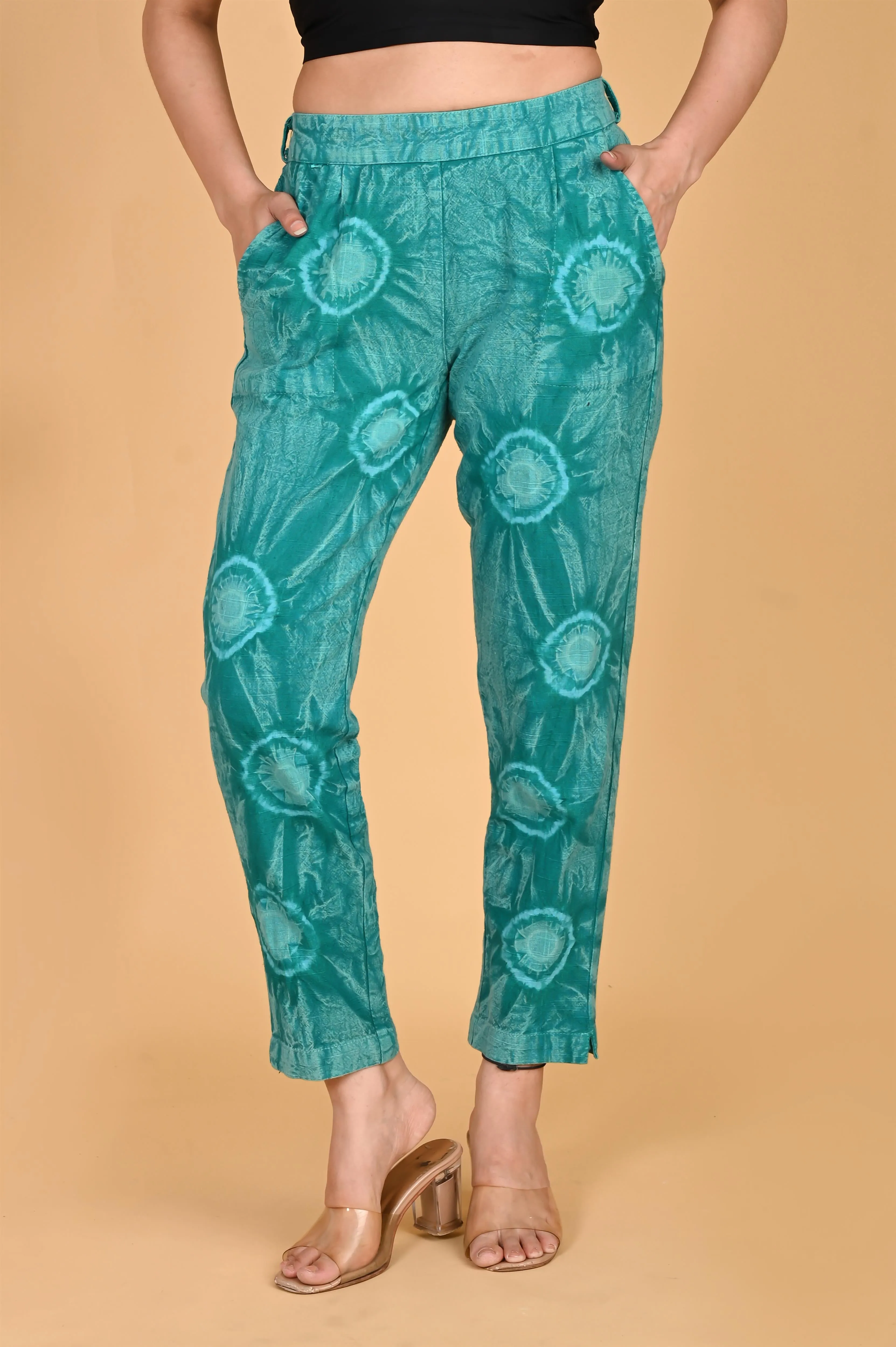 TURQUOISE BLUE BANDHEJ COTTON PANTS