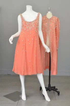 Vtg 1970s Coral Beaded Chiffon A-Line Trapeze Dress