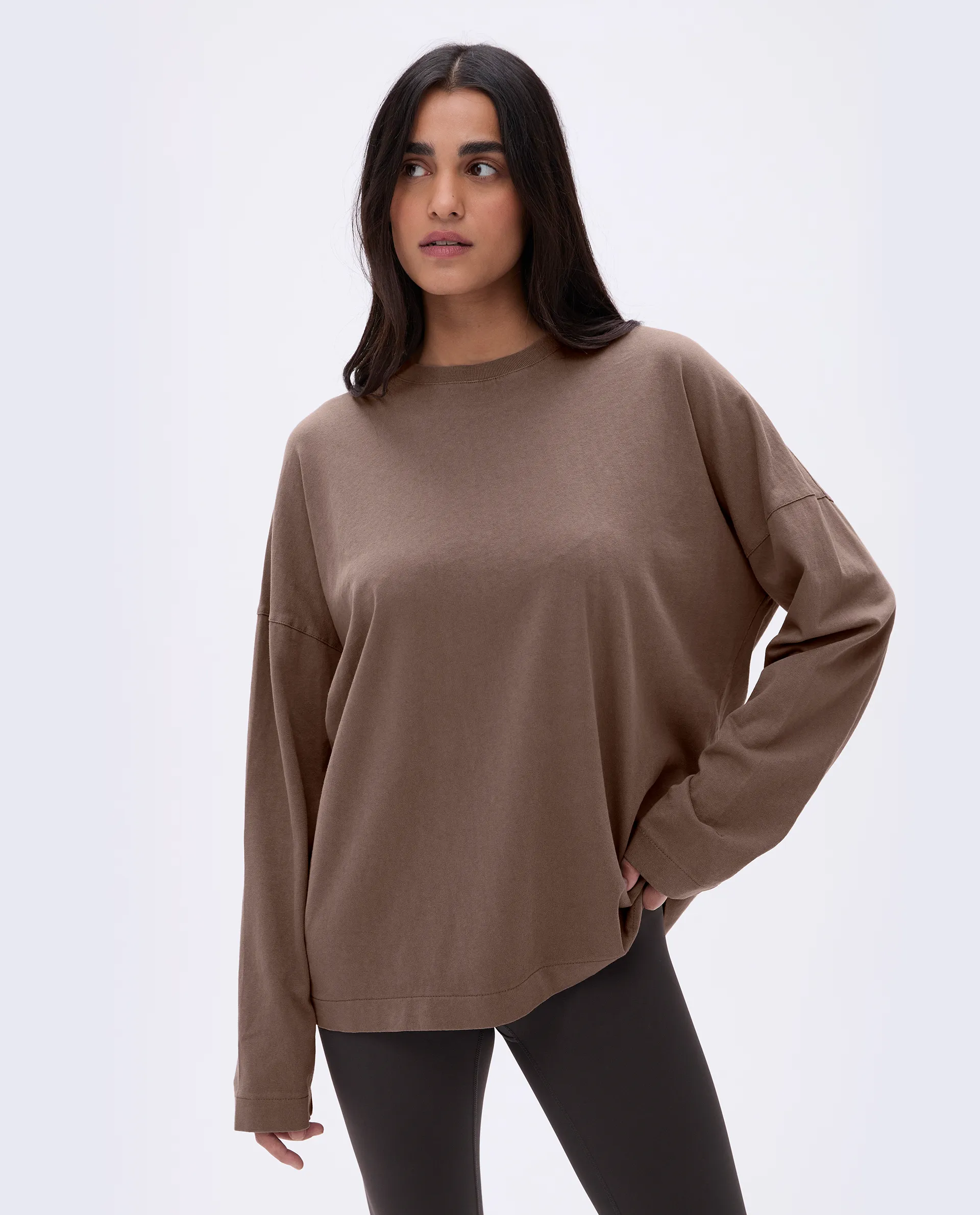 Washed Long Sleeve Oversized T-shirt - Pebble Brown